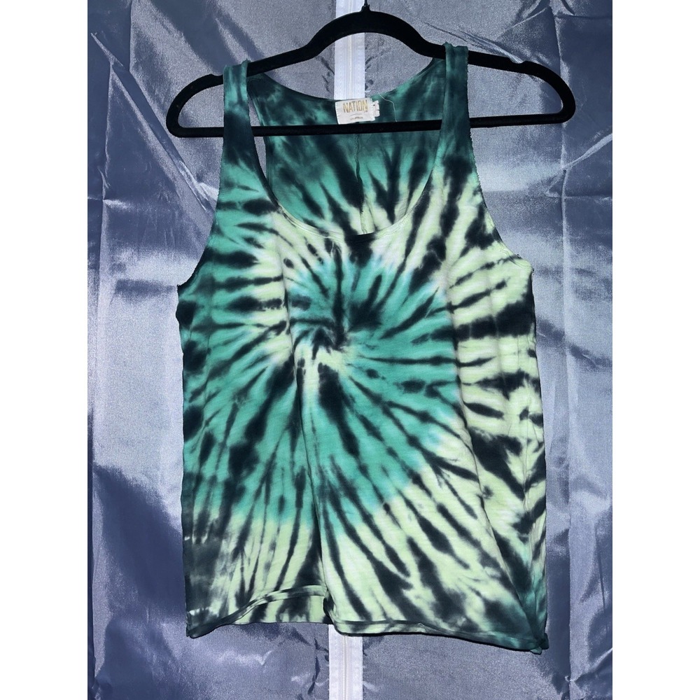 Nation LTD Green Black Spiral Tie Dye Pima Cotton Scoop Neck Tank Top Size L